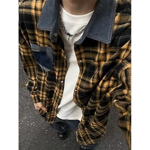 复古黄色格纹衬衫男女春秋ins宽松休闲百搭拼接牛仔长袖外套 C33图片