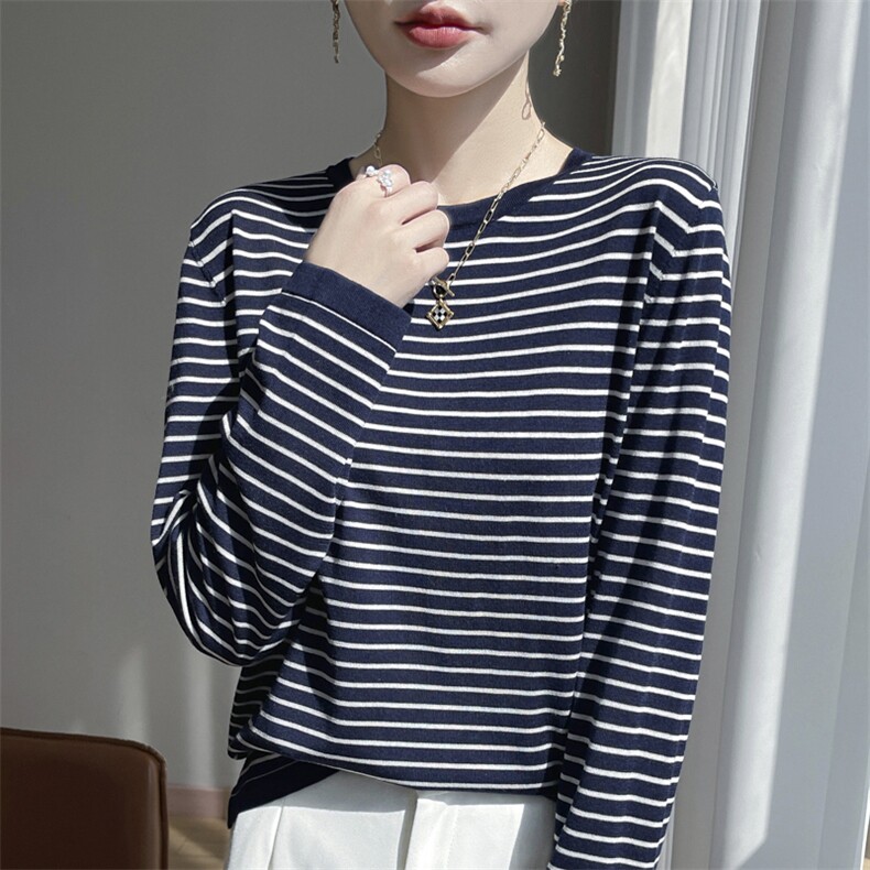 春秋款莱赛尔天丝针织衫长袖女圆领条纹拼色上衣宽松休闲打底毛衣图片