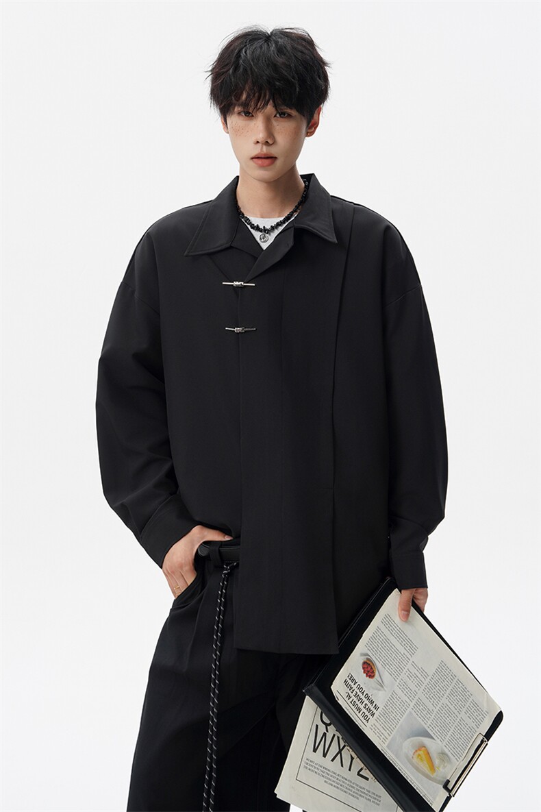 8XL-M风新中式黑色翻领长袖衬衫男秋季休闲衬衣痞帅CS537P58,男装衬衫,电商D206-1