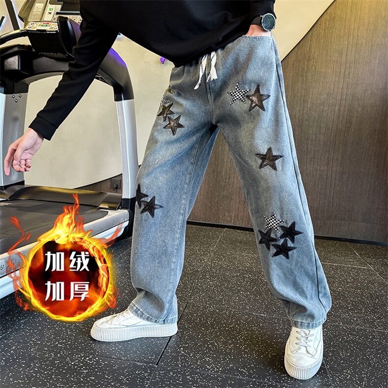 秋冬加绒牛仔裤 男士五角星贴布直筒牛仔裤男弯刀裤901N47加绒P68图片