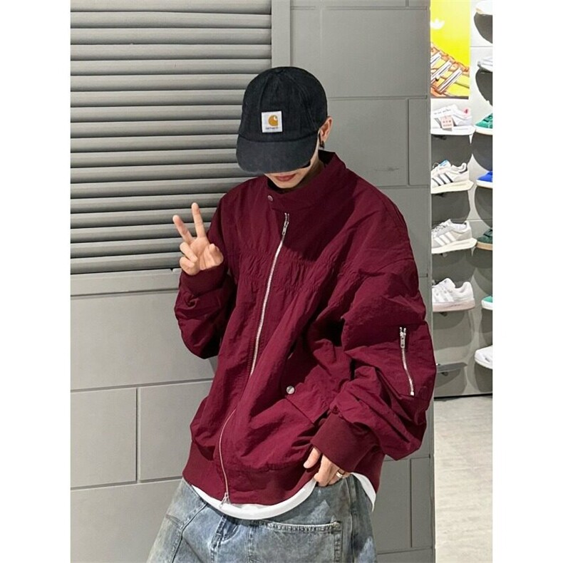 美式飞行员教练服夹克男士春秋季宽松休闲潮牌棒球服纯色工装外套,男装夹克,星座506A