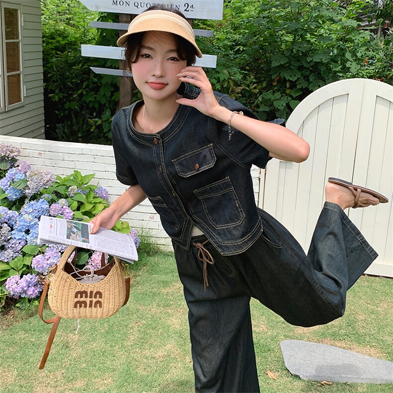 时尚复古牛仔套装女夏季2024新款短外套阔腿裤气质显瘦休闲两件套,女装套装/套裙,浙宝305