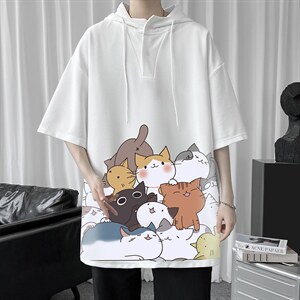 LD54162-P45 连帽短袖t恤男大码胖子带帽五分袖中袖图片