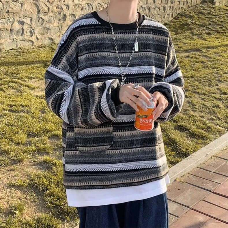 美式街头设计感圆领毛衣男慵懒风休闲针织衫GM44 P40图片