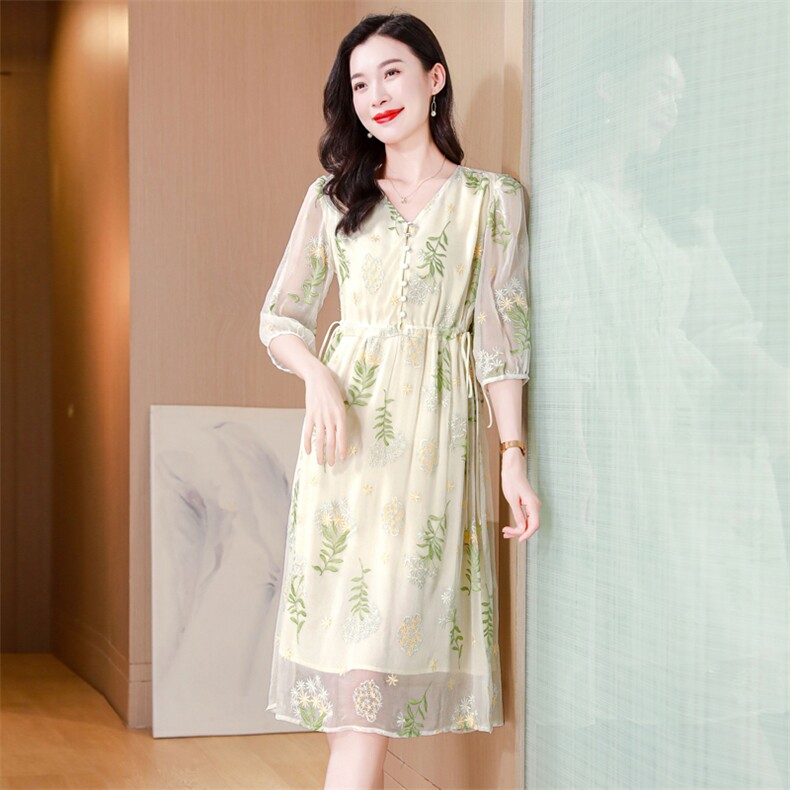 真丝连衣裙2025夏季新款大码女装衣服桑蚕丝高端精致气质碎花裙子，女装连衣裙，阿舍尔精品