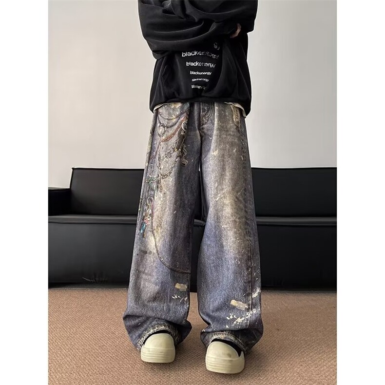 扎染牛仔裤男春秋美式高街痞帅印花水洗阔腿牛仔裤N1105-P70,男装牛仔裤,星座1001-1