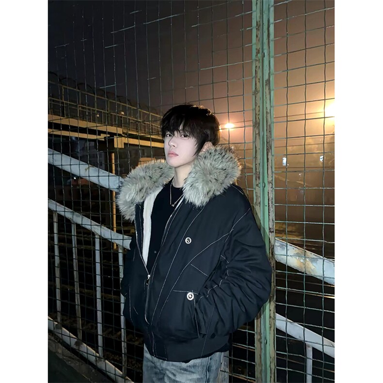 现货重磅boxy短款棉衣座山雕大毛毛领男女棉服水洗工装厚外套，男装棉衣，电商A486