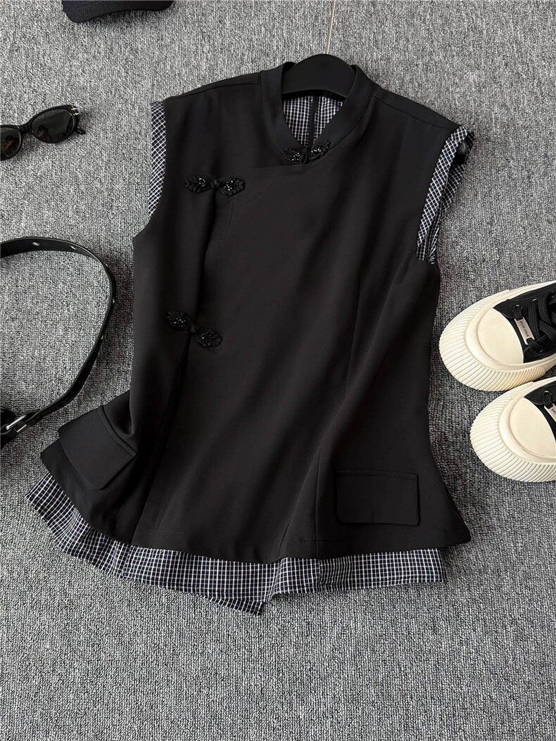 高级感拼接格纹马甲套装女夏新款显瘦立领无袖上衣短裤两件套,女装套装/套裙,江南