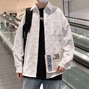 秋季发泡印花纯色衬衫男2022韩版潮流宽松衬衣外套 W5254-P38图片