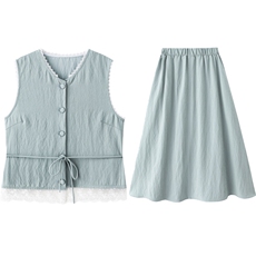 夏季天丝棉麻牛仔连衣裙套装女新款小香风蕾丝马甲半身长裙两件套，女装套装/套裙，依路服饰