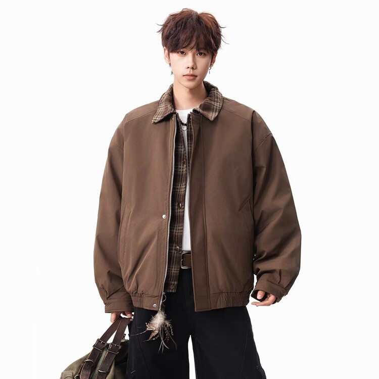 复古假两件飞行棉服夹克男格纹拼接棒球服美式休闲棕色外套,男装夹克,星座218-8