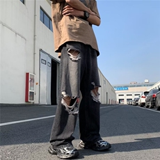拖地裤夏季牛仔裤男破洞流行休闲男青少年裤子N0842-P48，男装牛仔裤，星座308B-1