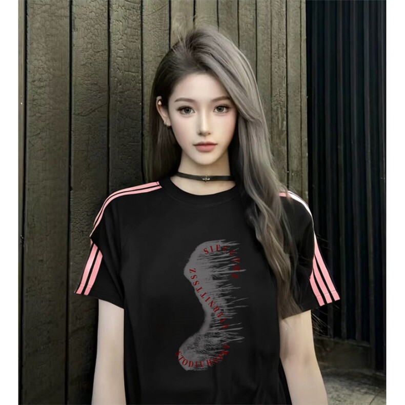 抖音得物品质二开240克宽松纯棉美式潮牌印花三条杠中性风短袖T恤,男装T恤,电商A486