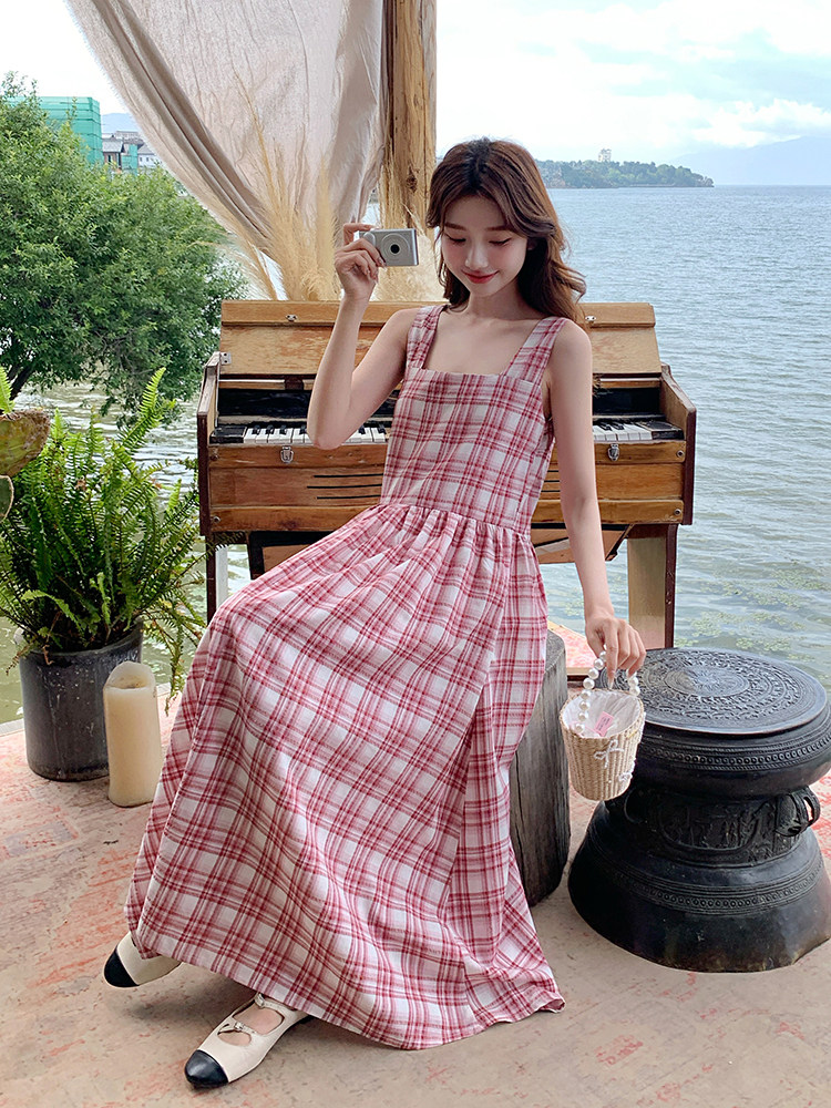 粉色格子超好看绝美连衣裙女2025夏季新款韩版温柔收腰无袖A字裙,女装连衣裙,浙宝276（原081）