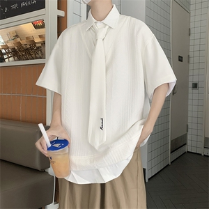 美式潮牌ins假两件套头衬衫男送领带宽松短袖衬衣服CS01271-P45图片