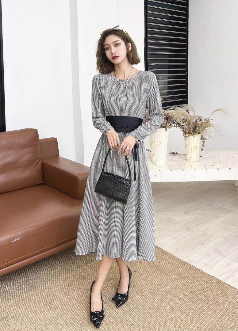 千鸟格撞色腰带连衣裙，女装连衣裙，迪蔓君翔