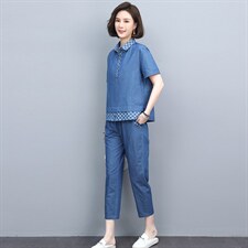休闲妈妈洋气套装2022夏新款大码牛仔上衣裤子两件套，女装套装/套裙，忆绮罗
