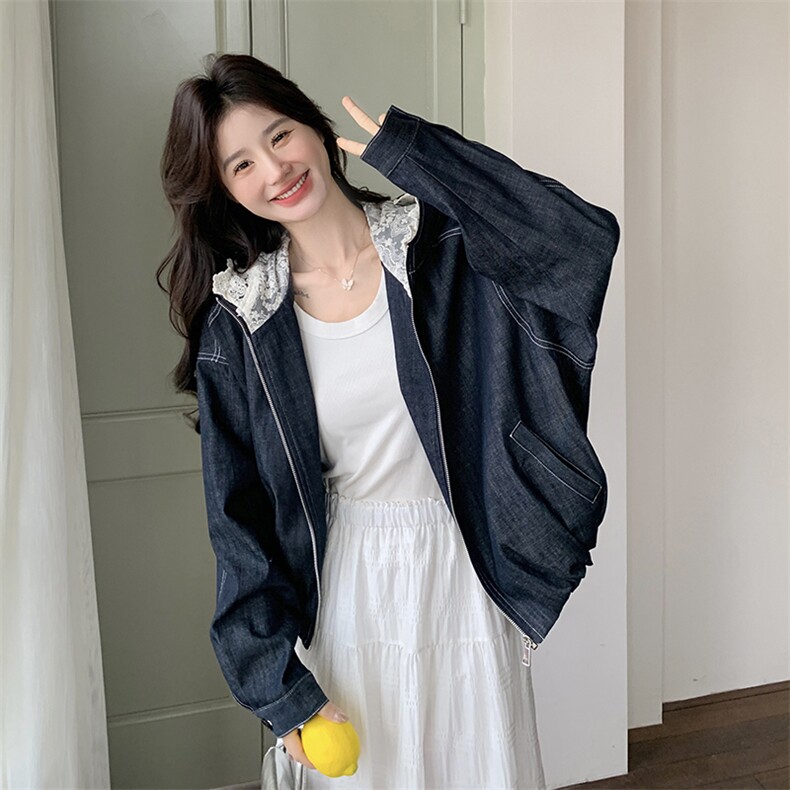 韩系chic蕾丝连帽牛仔短外套女春秋2025超火好看高级小众夹克上衣图片