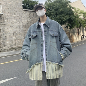 港风复古秋季假两件拼接牛仔外套男宽松慵懒风夹克上衣J8619-P65图片