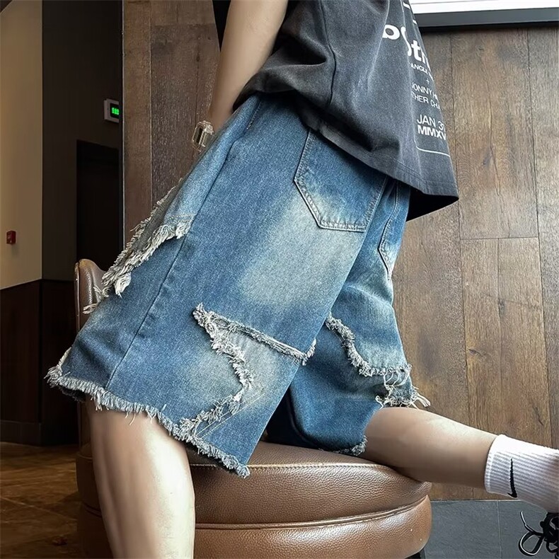 美式潮牌嘻哈牛仔短裤男夏季高街毛边设计感宽松直筒阔腿五分裤子,男装牛仔裤,星座601-2