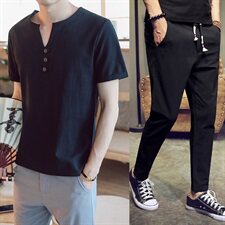 DY05*男士棉麻短袖T恤套装九分裤亚麻料休闲两件套装男*P55更，男装T恤，星座1516（原B303）