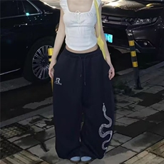 街舞潮牌超薄黑色爵士珍珠印花速干长裤嘻哈美式跳舞运动裤，女装休闲裤，星座1210-1