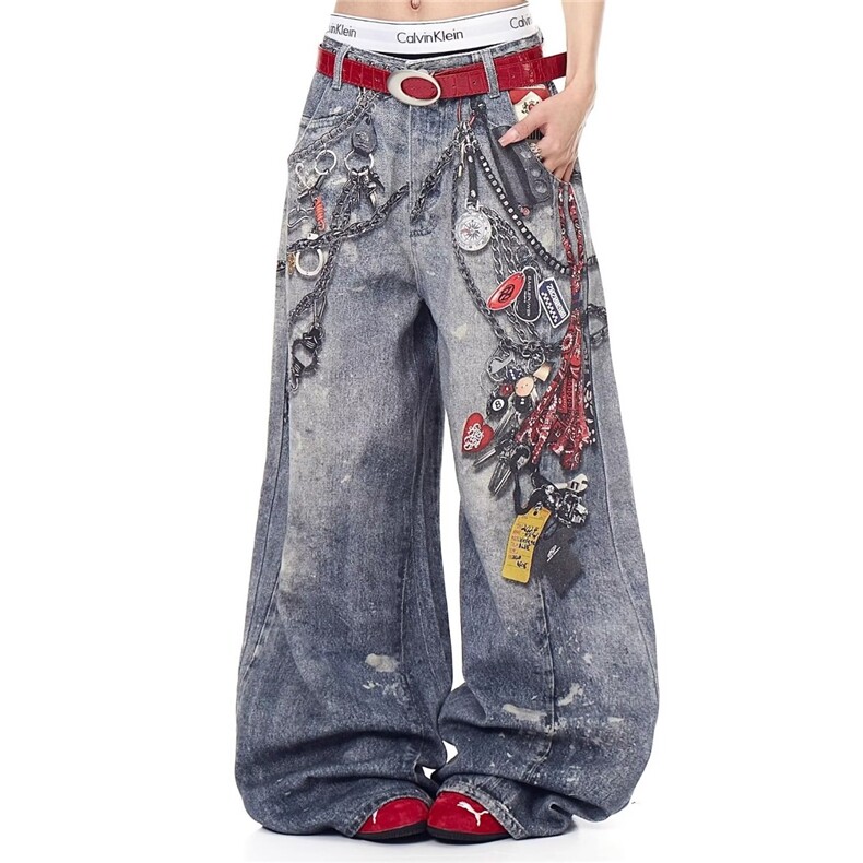2025宽松3D立体数码印花裤链水洗泼墨做旧复古阔腿直筒牛仔长裤，男装休闲裤，星座1210-1