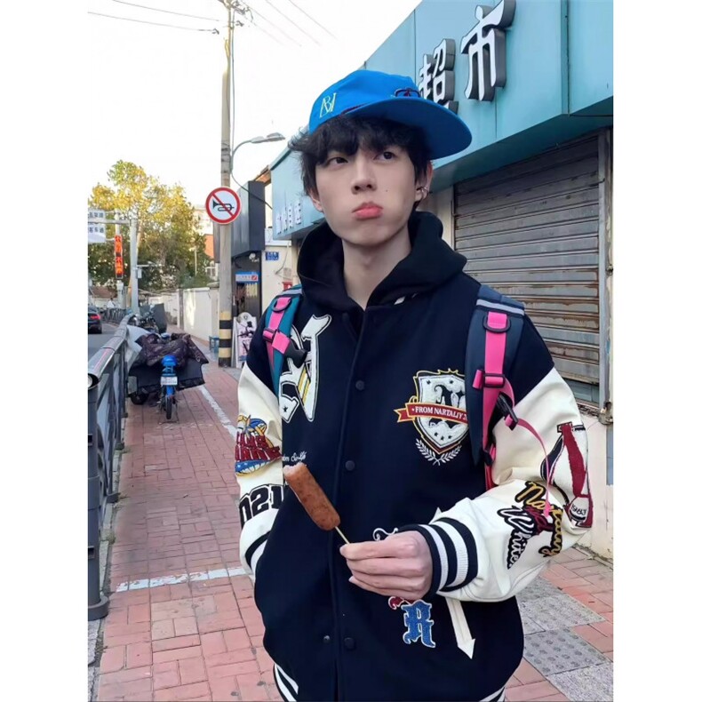 1506/QM4170/P66新美式高街秋冬季皮袖拼接刺绣棒球服，女装职业装，星座1506