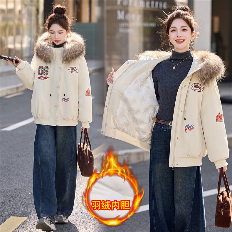 美式复古刺绣连帽派克羽绒服女2025冬季新款酷飒工装风厚外，女装羽绒服，玖莱伊