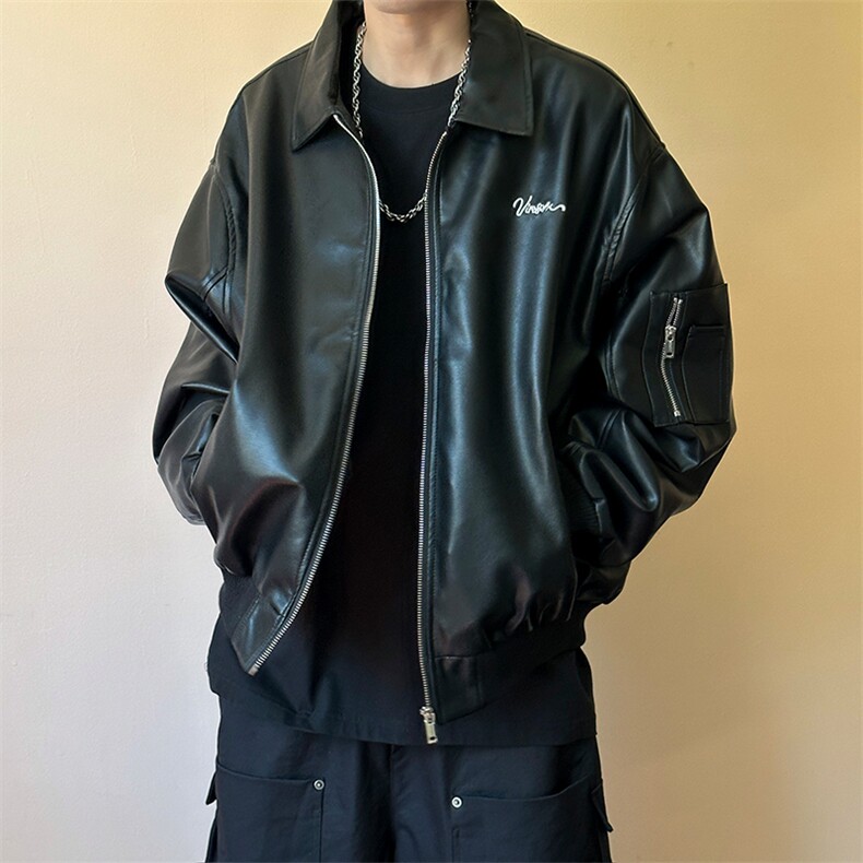 立秋现货新款痞帅短款绣花皮衣夹克男潮牌外套A351-AP2546-P105,男装皮衣,电商A351