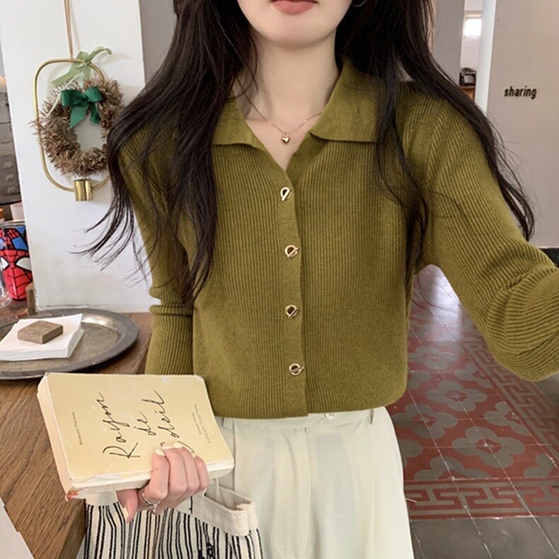 时尚百搭高级感翻领针织衫显瘦修身长袖打底衫,针织衫/毛衣,圣旺供货