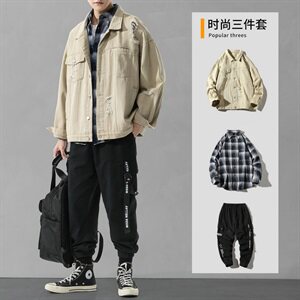 男士休闲套装2021新款青少年韩版搭配牛仔夹克三件套DF150T图片