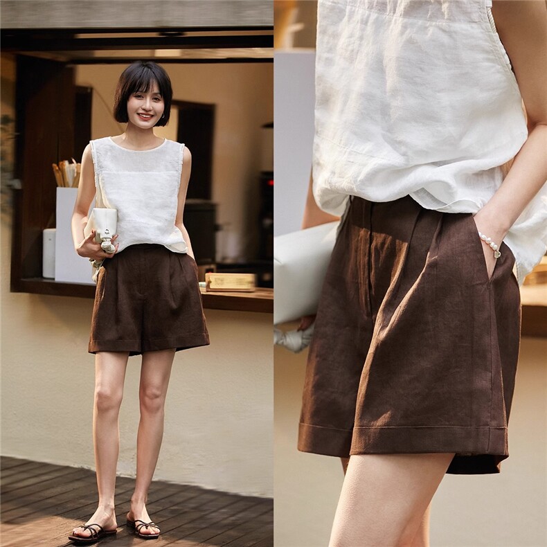 老钱麻麻裤自在穿搭呼吸感清凉舒服显瘦短裤25年春新で，女装短裤/热裤，梦白服饰厂