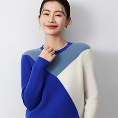 秋冬季新款女时尚百搭显瘦圆领套头三拼色羊毛衫，女装羊毛衫，琳尚羊绒