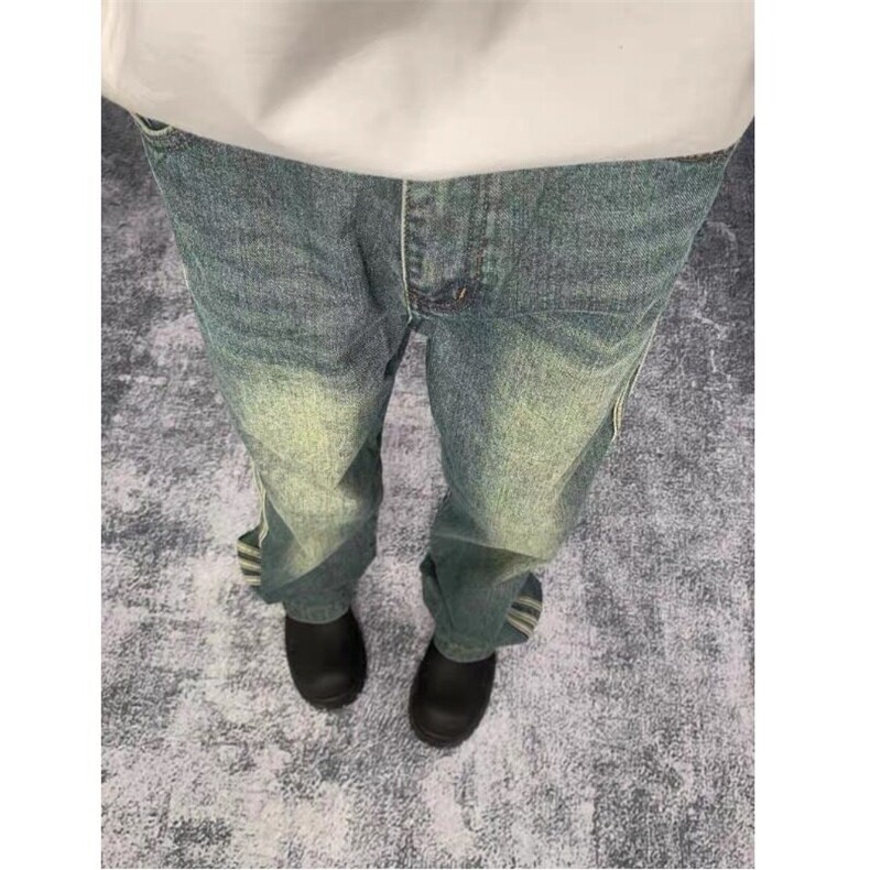 三条杠织带复古牛仔裤欧美炸街裤子男小众水洗休闲直筒裤潮,男装牛仔裤,星座410-7