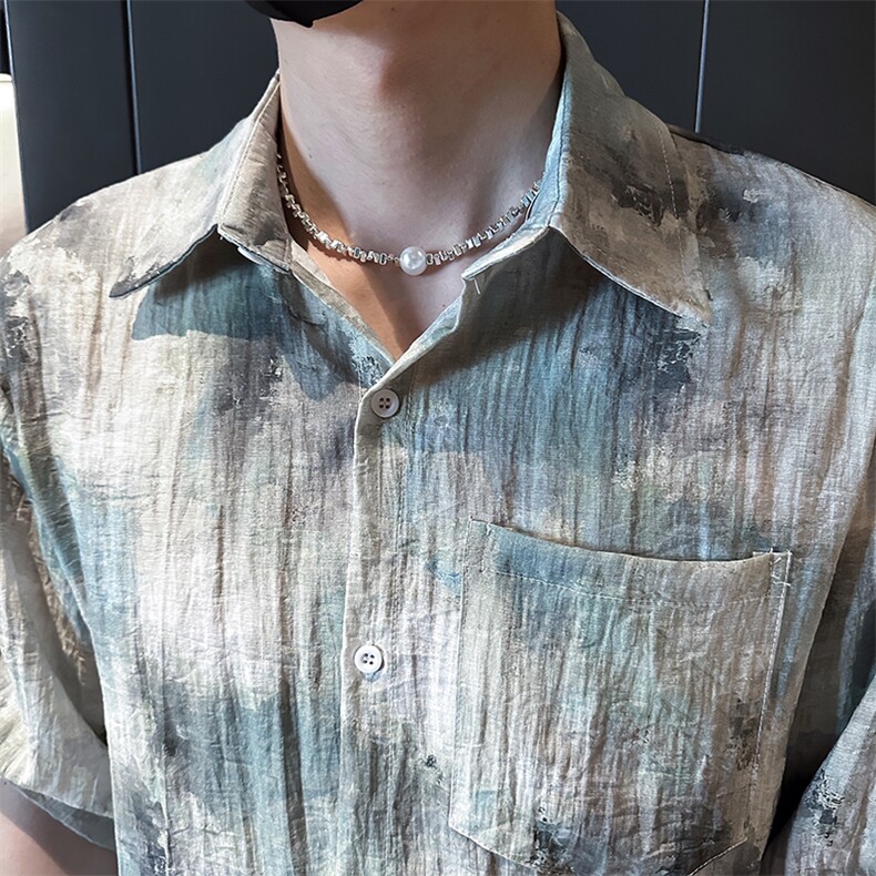 小伙宽松冰丝垂感衬衫男度假风短袖复古花衬衣A236--P50,男装衬衫,电商A236