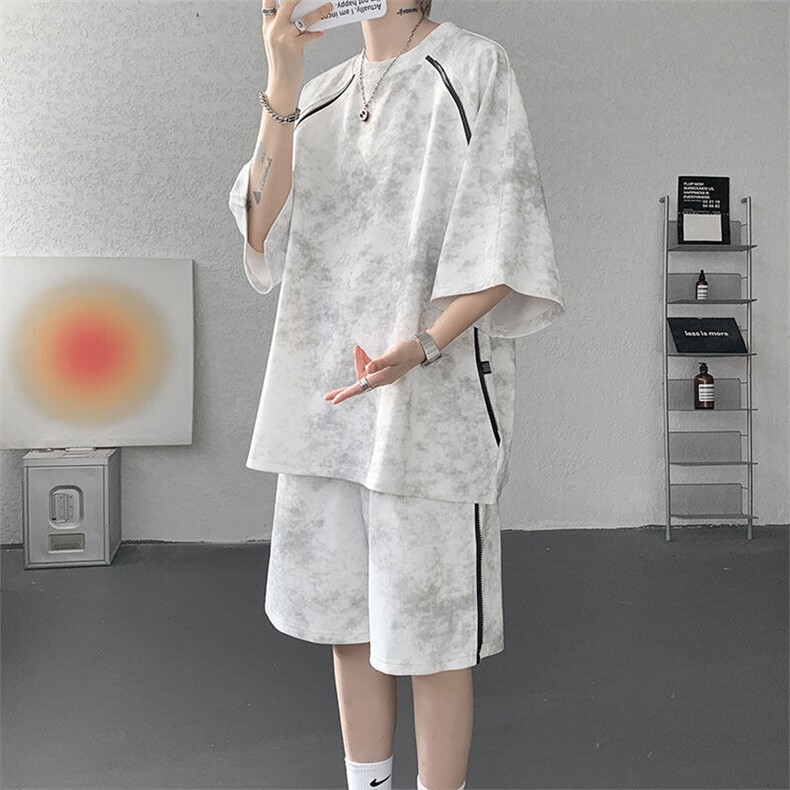 TZ781-特P55控98夏季T恤半拉链扎染冰感冰丝大码短袖短裤套装,男装牛仔裤,电商A059