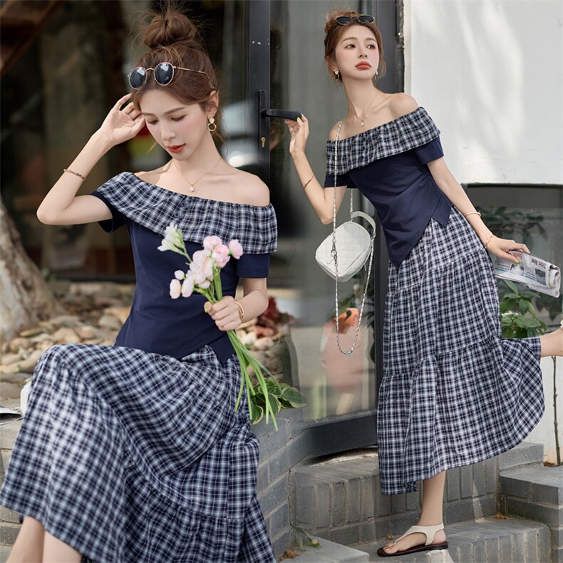 格纹拼接一字肩修身T恤半身裙套装两件套女夏法式温柔风格子长裙，女装套装/套裙，意芙