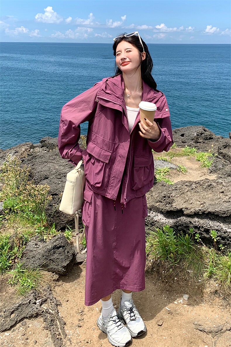 紫色连帽工装风外套半身裙套装女春秋新款韩系休闲小个子两件套潮,女装套装/套裙,2C007