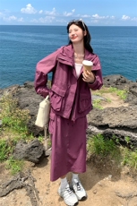紫色连帽工装风外套半身裙套装女春秋新款韩系休闲小个子两件套潮，女装套装/套裙，2C007