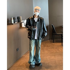 垫肩短款皮衣外套男款春秋季美式设计感机车夹克1001-1-JK932-P92，男装夹克，星座1001-1