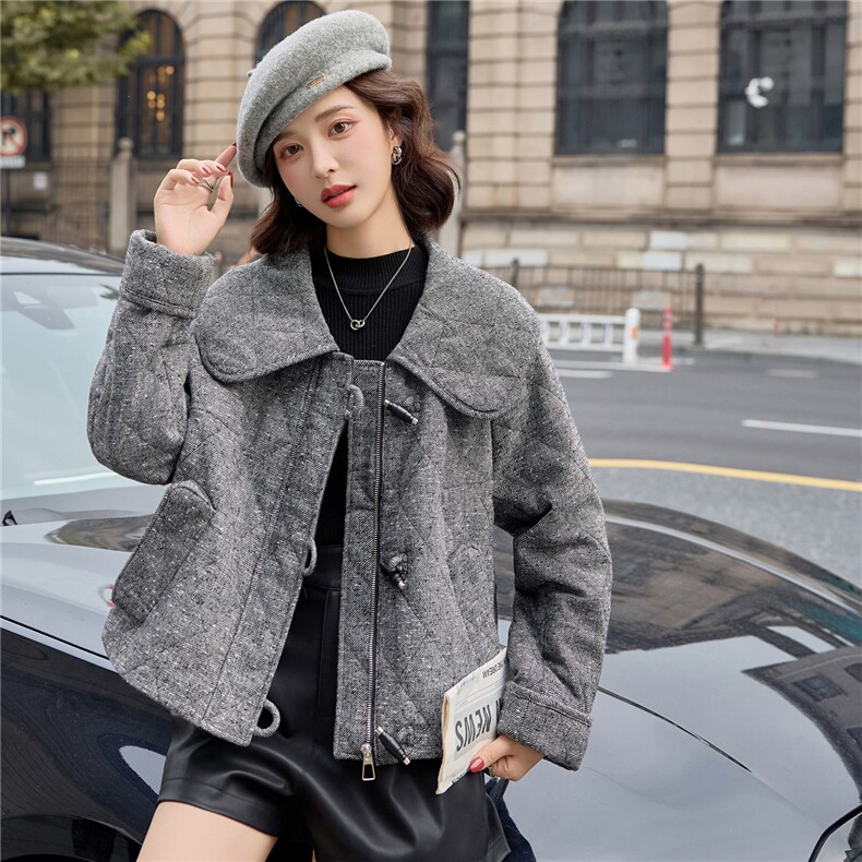 2025秋冬新款时尚大翻领毛呢夹棉外套,女装棉衣/棉服,依路服饰