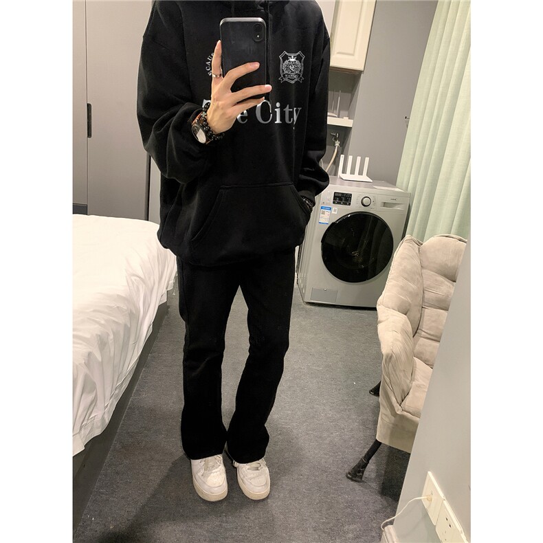 24秋冬新款潮美式复古简约百搭套头连帽卫衣外套A500-P45黑,女装短外套,电商C310