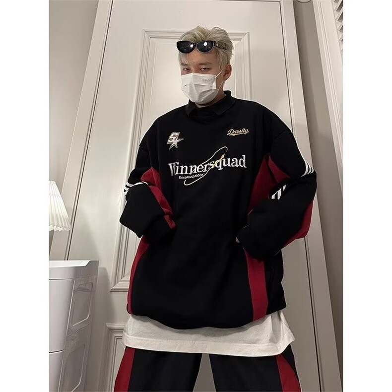 卫衣男款秋季美式高街潮牌痞帅上衣服撞色拼接宽松赛车服运动外套图片