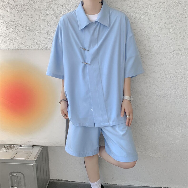 TZ785-特p55控98新中式风斜门襟飞机扣冰丝短袖衬衫大码套装,男装T恤,电商A059