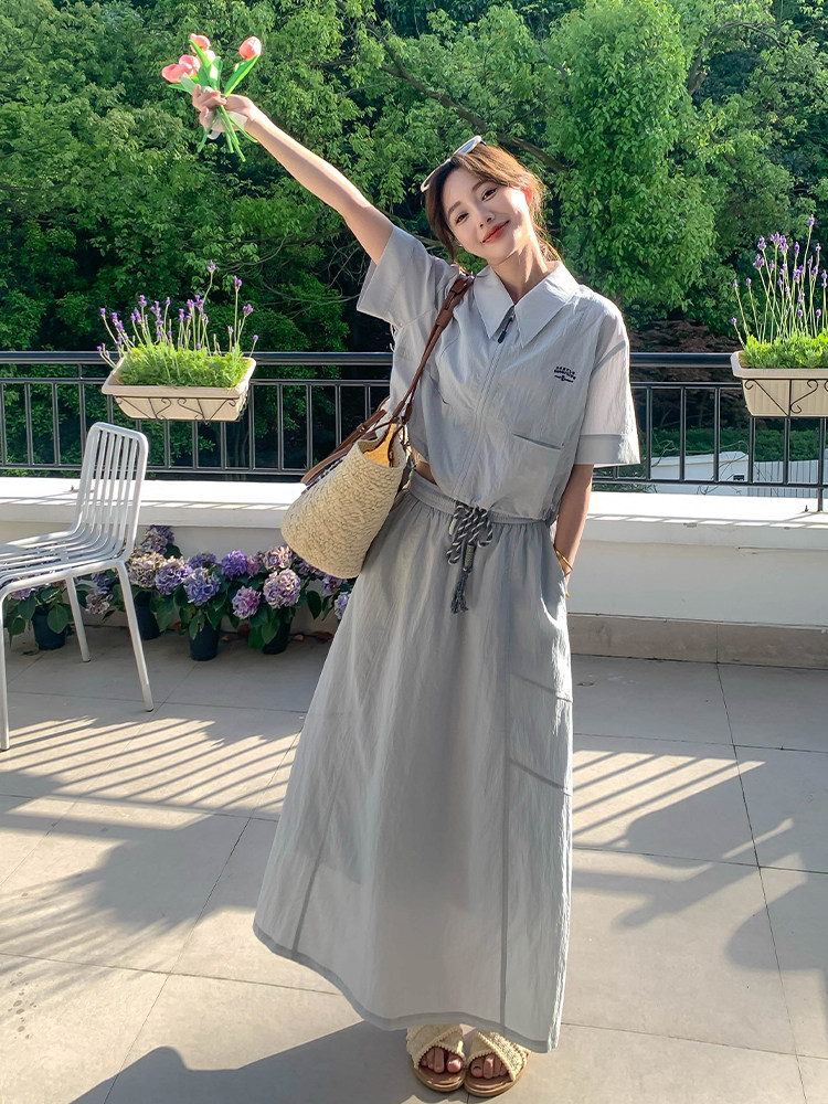 韩系新款时尚洋气减龄裙女翻领短袖休闲拉链外套半身裙,女装运动套装,浙宝285（原212）