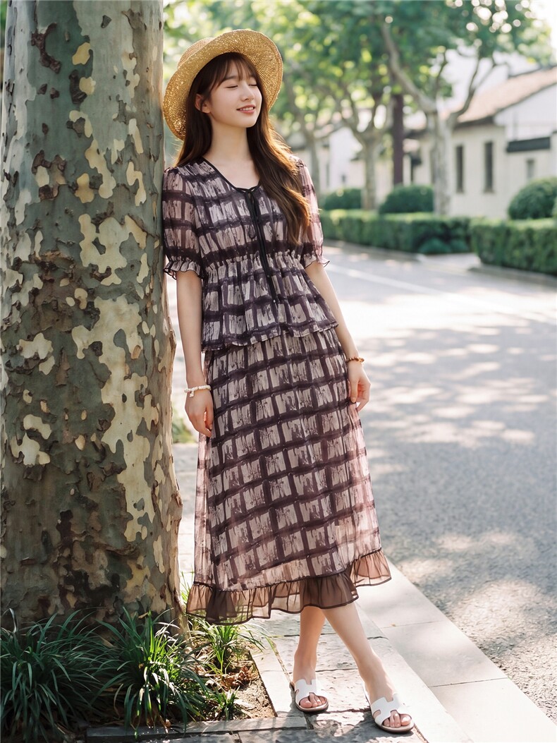 时尚休闲格纹显瘦系带上衣木耳边半裙超仙两件套女,女装套装/套裙,水衣源