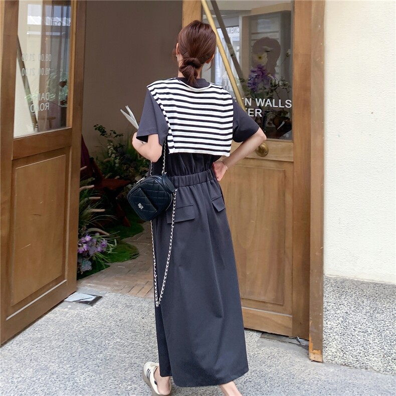 设计感条纹披肩假两件连衣裙女2025夏新款韩版运动收腰显瘦T恤裙,女装连衣裙,2C058