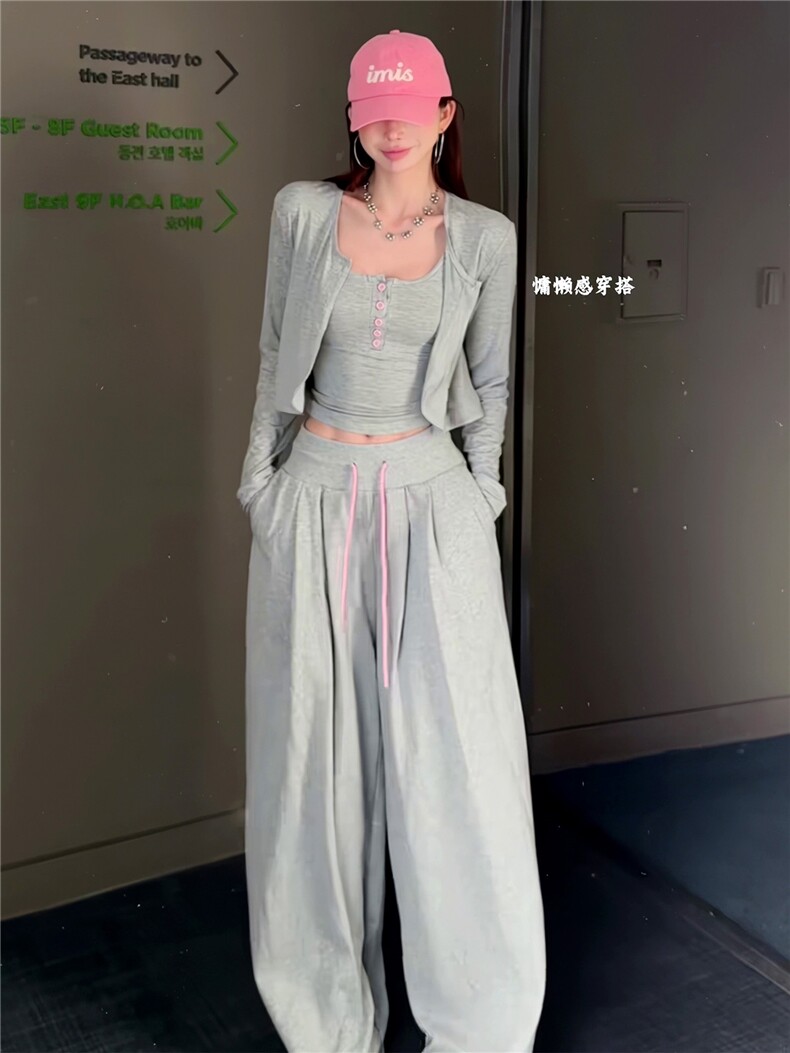 女春新款欧货时尚休闲套装修身显瘦开衫上衣内搭吊带阔腿裤三件套,女装套装/套裙,江南