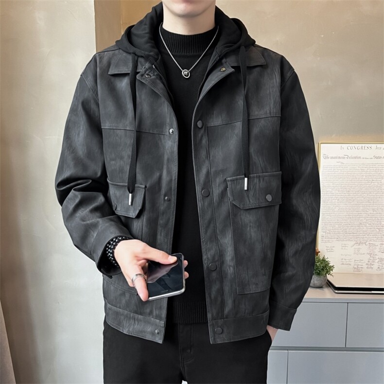 时尚机车假两件连帽男士皮衣修身水洗皮夹克,男装皮衣,星座410-6（原星座1304-1）
